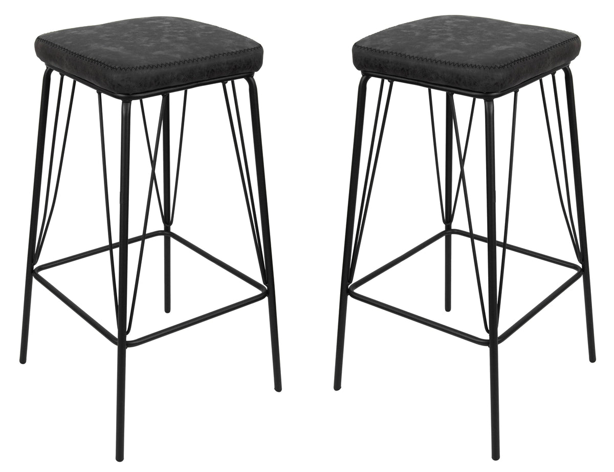 Charcoal Black Leather Bar Stool with Metal Frame, Set of 2 C2234