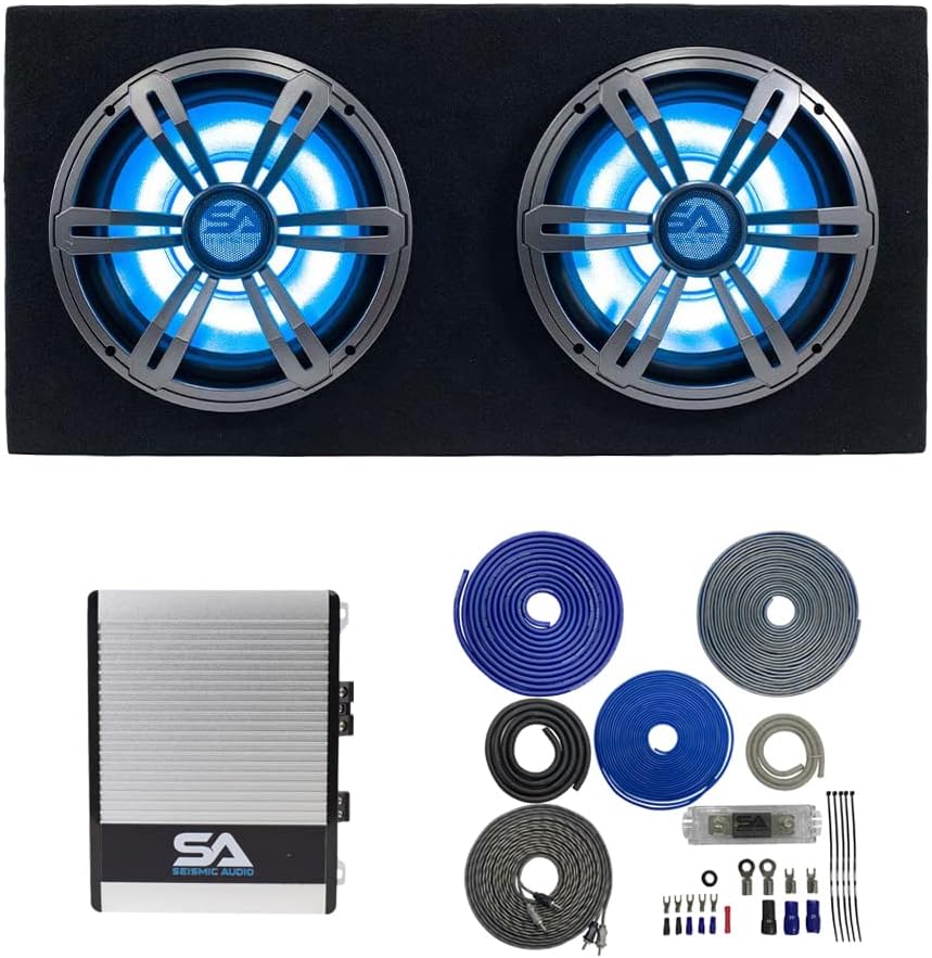 Dual 10 Inch 1000 Watt Car Audio Subwoofer Enclosure with RGB Lights Package with Amplifier & Cables X352
