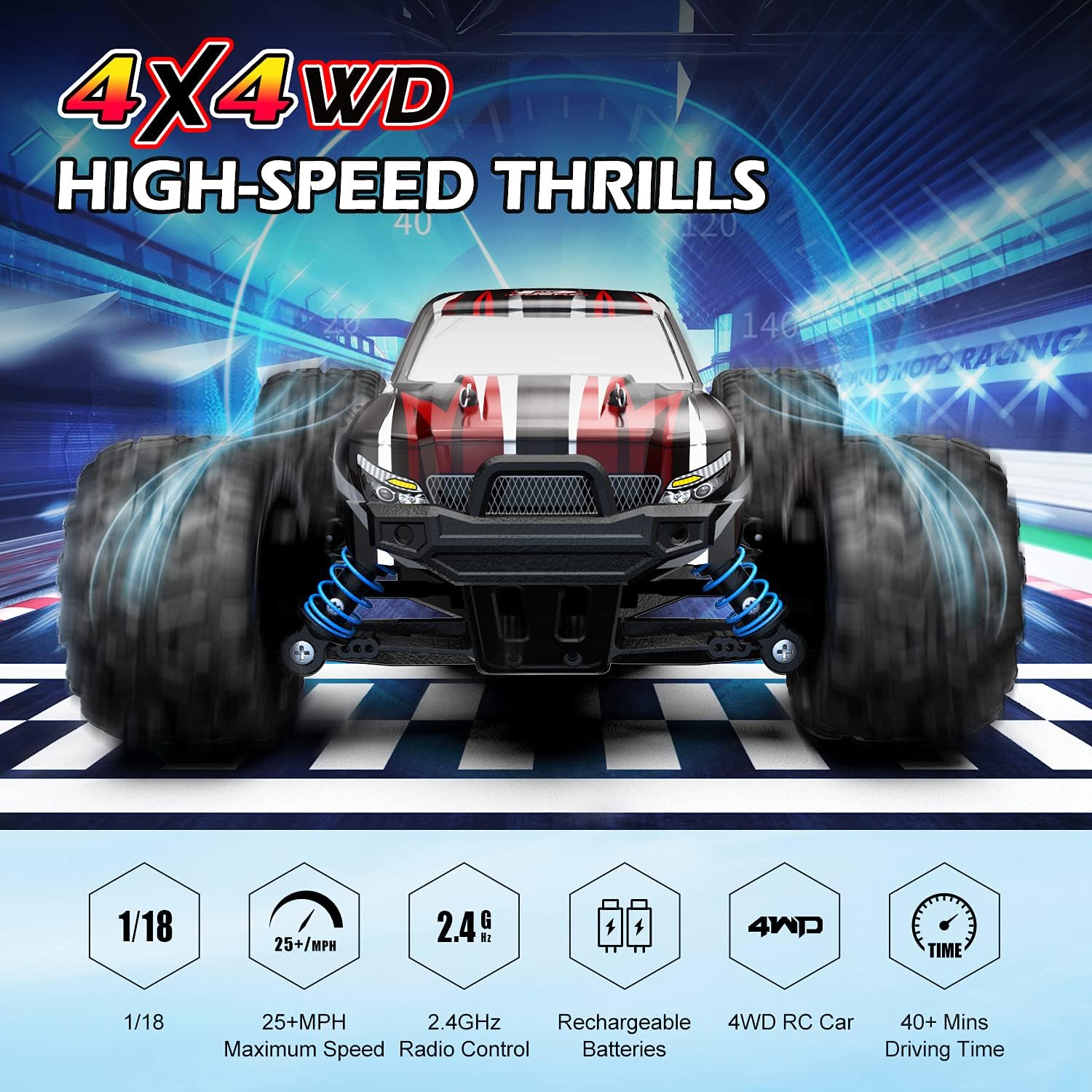 Remote Control Car 1:18 Scale 4WD Off Road Monster Trucks 2.4GHz 2 Rechargeable Battery Pack of 2 I8306