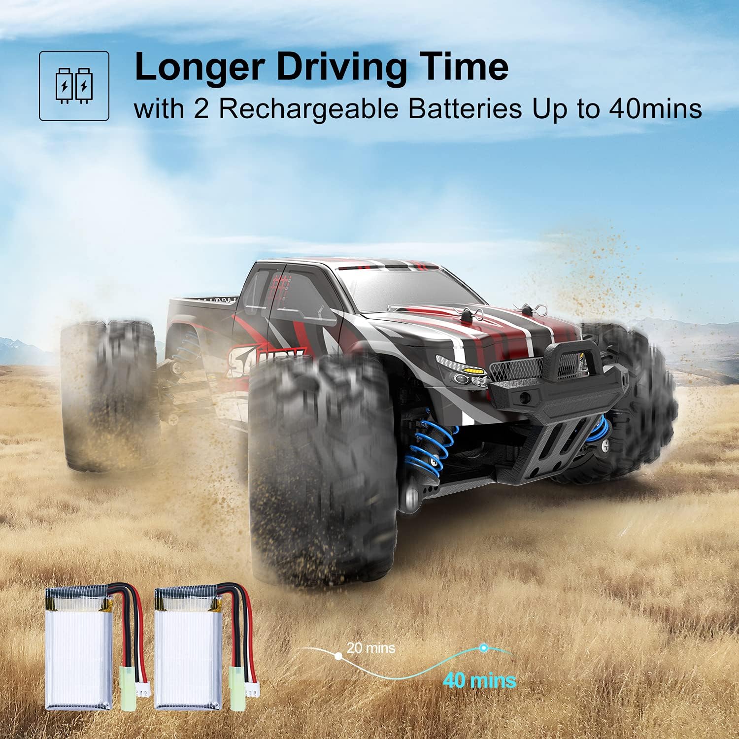 Remote Control Car 1:18 Scale 4WD Off Road Monster Trucks 2.4GHz 2 Rechargeable Battery Pack of 2 I8306