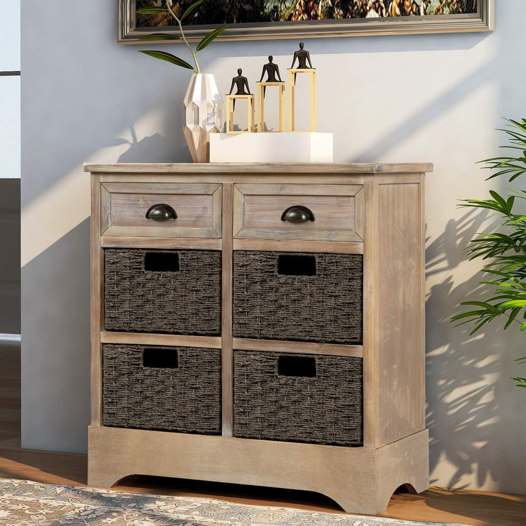 Wicker Storage Cabinet Console Table with Two Drawers and Four Wicker Baskets (Espresso) B1692