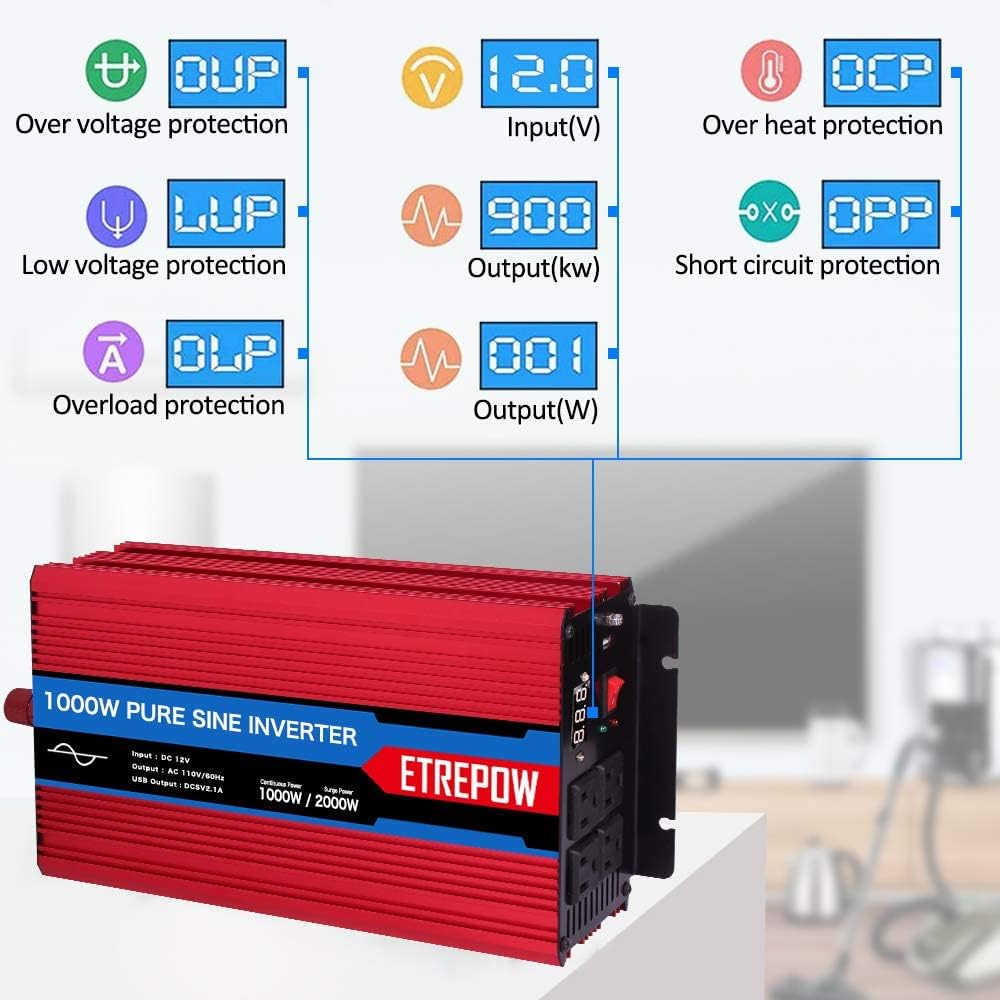 1000 Watt Pure Sine Wave Power Inverter 12V DC to 110V AC Wireless Remote Control R138