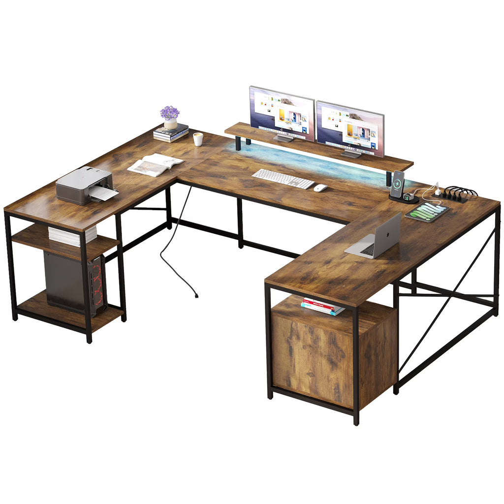 L Shaped Desk with Power Outlets and LED Lights G42064