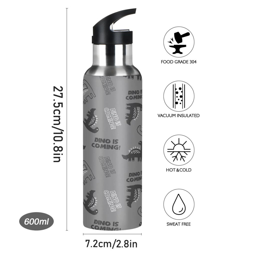 Gray Dinosaur Stainless Steel Insulated Water Bottle with Straw Lid V914