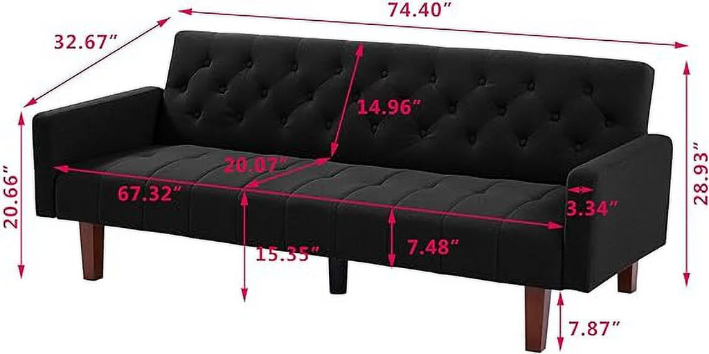 Convertible Foldable Linen Sofa Bed with 5 Wooden Legs, Black P696
