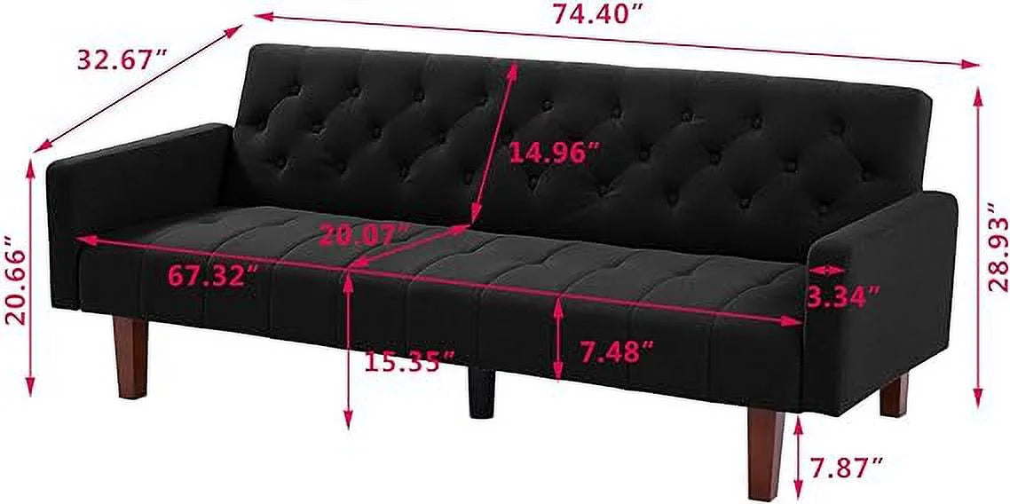 Convertible Foldable Linen Sofa Bed with 5 Wooden Legs, Black P696