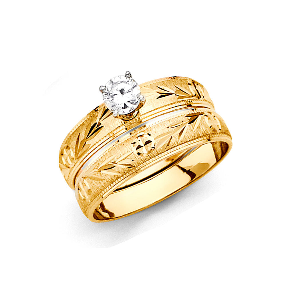 14k Yellow Gold CZ Engagement Ring + Wedding Band Bridal Set - Size 4 S50670