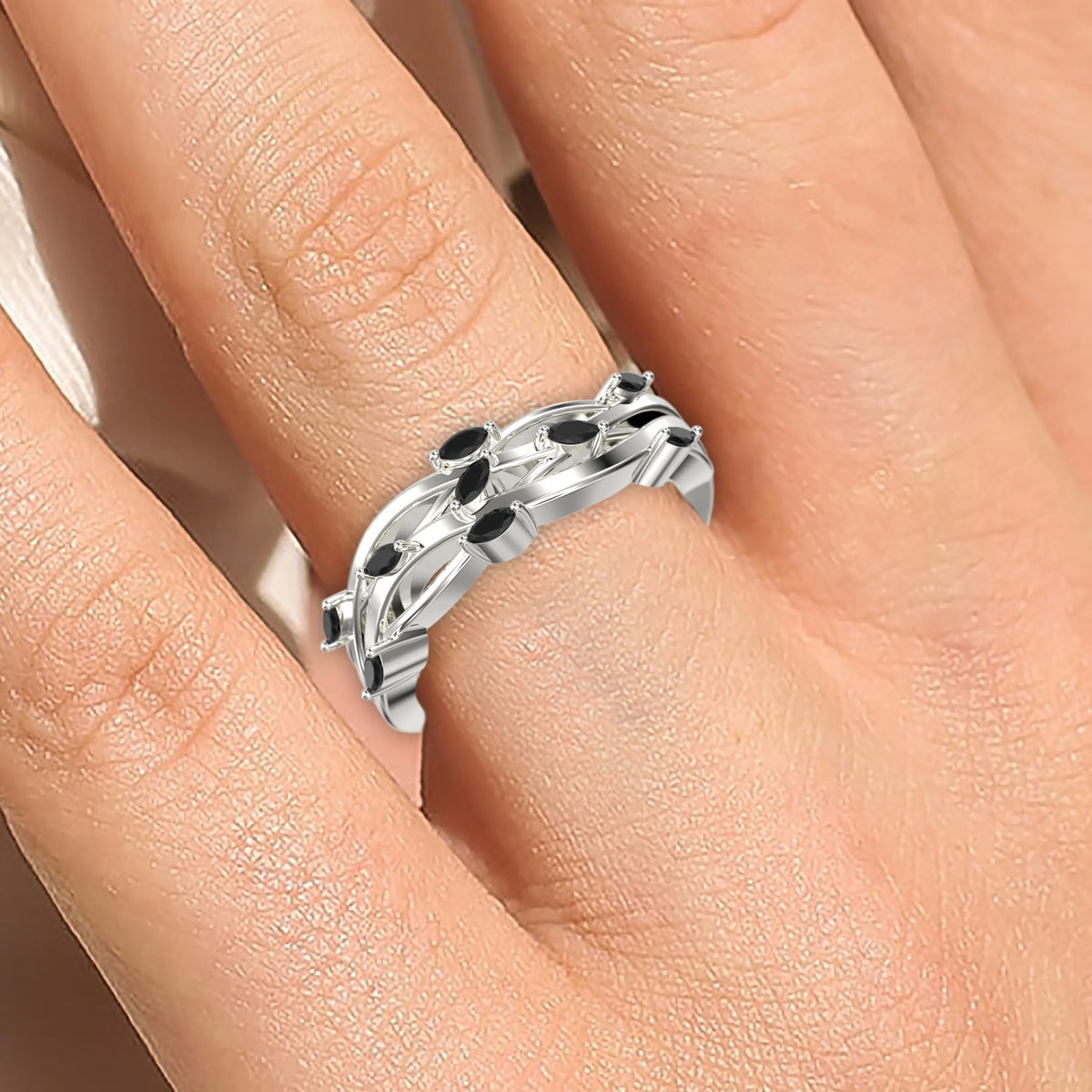 Marquise Black Diamond Moissanite Wedding Ring 18K White Gold Over Silver H800