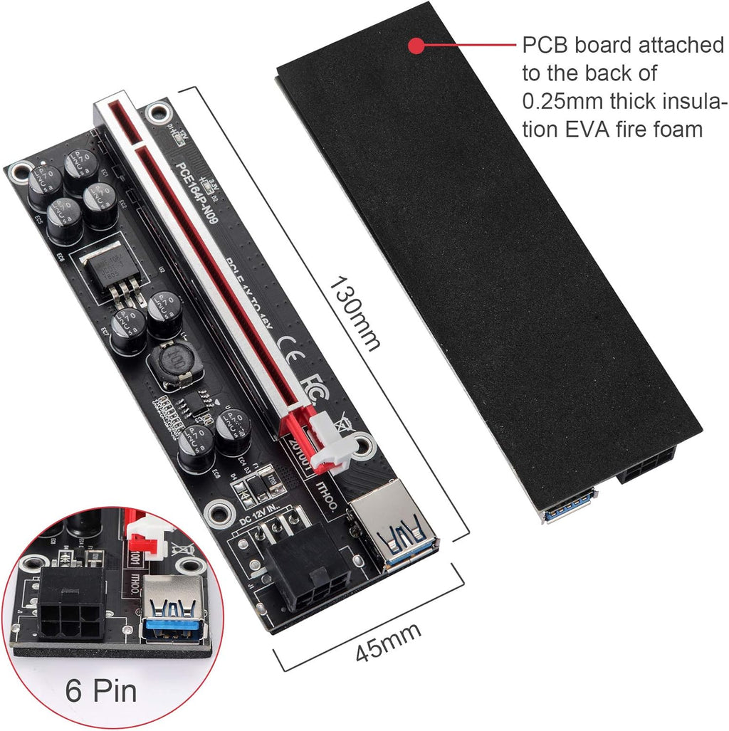 PCI-E 1X to 16X Riser Card with 24in USB 3.0 Extension Cable & 6PIN SATA Power Cable (Black-6 Pieces) F15983