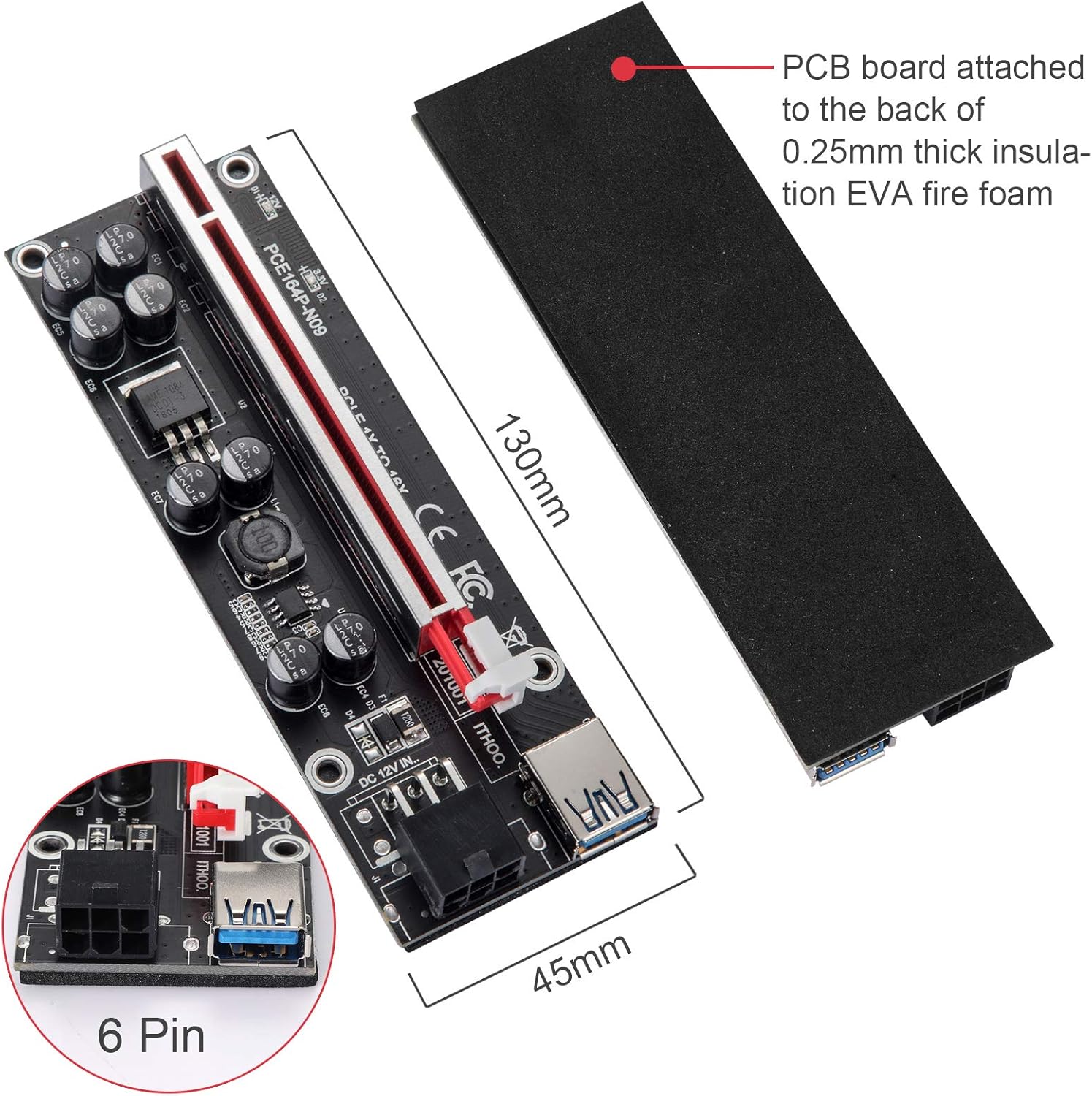 PCI-E 1X to 16X Riser Card with 24in USB 3.0 Extension Cable & 6PIN SATA Power Cable (Black-6 Pieces) F15983