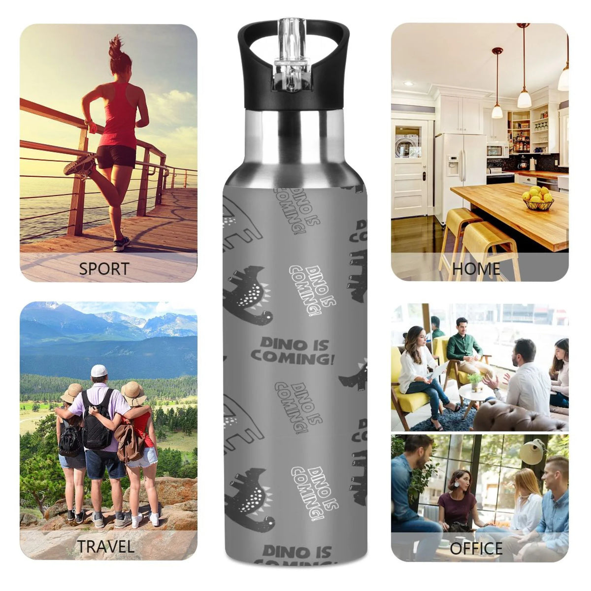 Gray Dinosaur Stainless Steel Insulated Water Bottle with Straw Lid V914