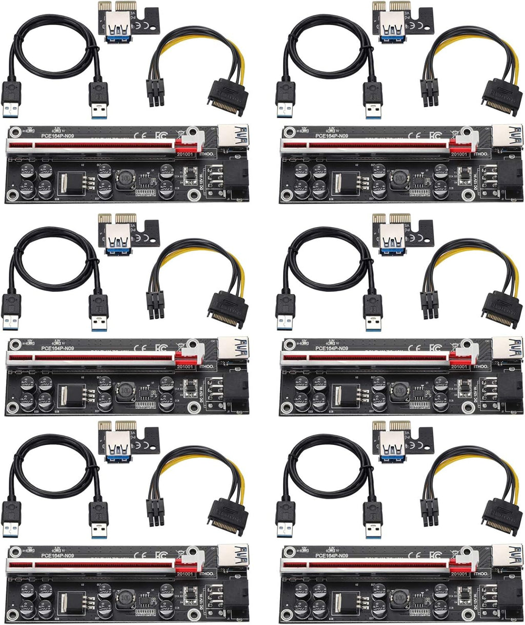PCI-E 1X to 16X Riser Card with 24in USB 3.0 Extension Cable & 6PIN SATA Power Cable (Black-6 Pieces) F15983