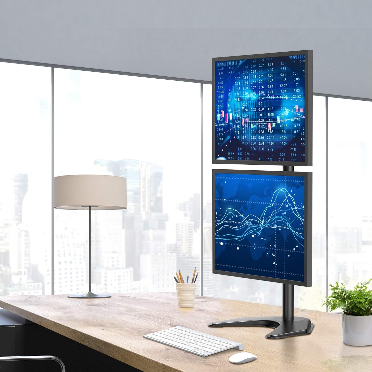 Dual Monitor Stand Vertical Stack Free-Standing Desk Mount for Two 13 to 32 Inch Computer Monitors with C Clamp Grommet Base N625099