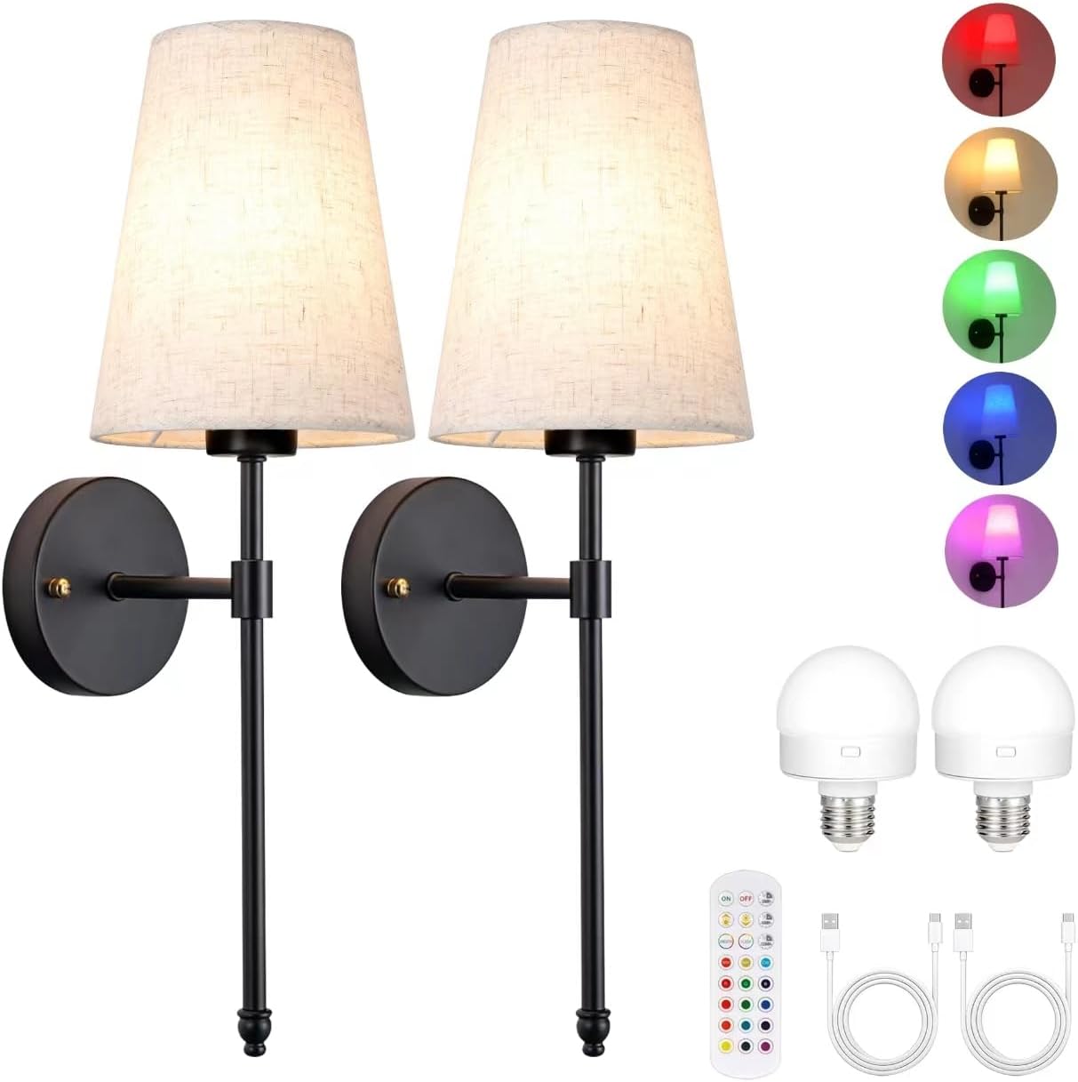 Set Of Two 2 Battery Operated Wireless Black Dimmable Wall Sconce F97799