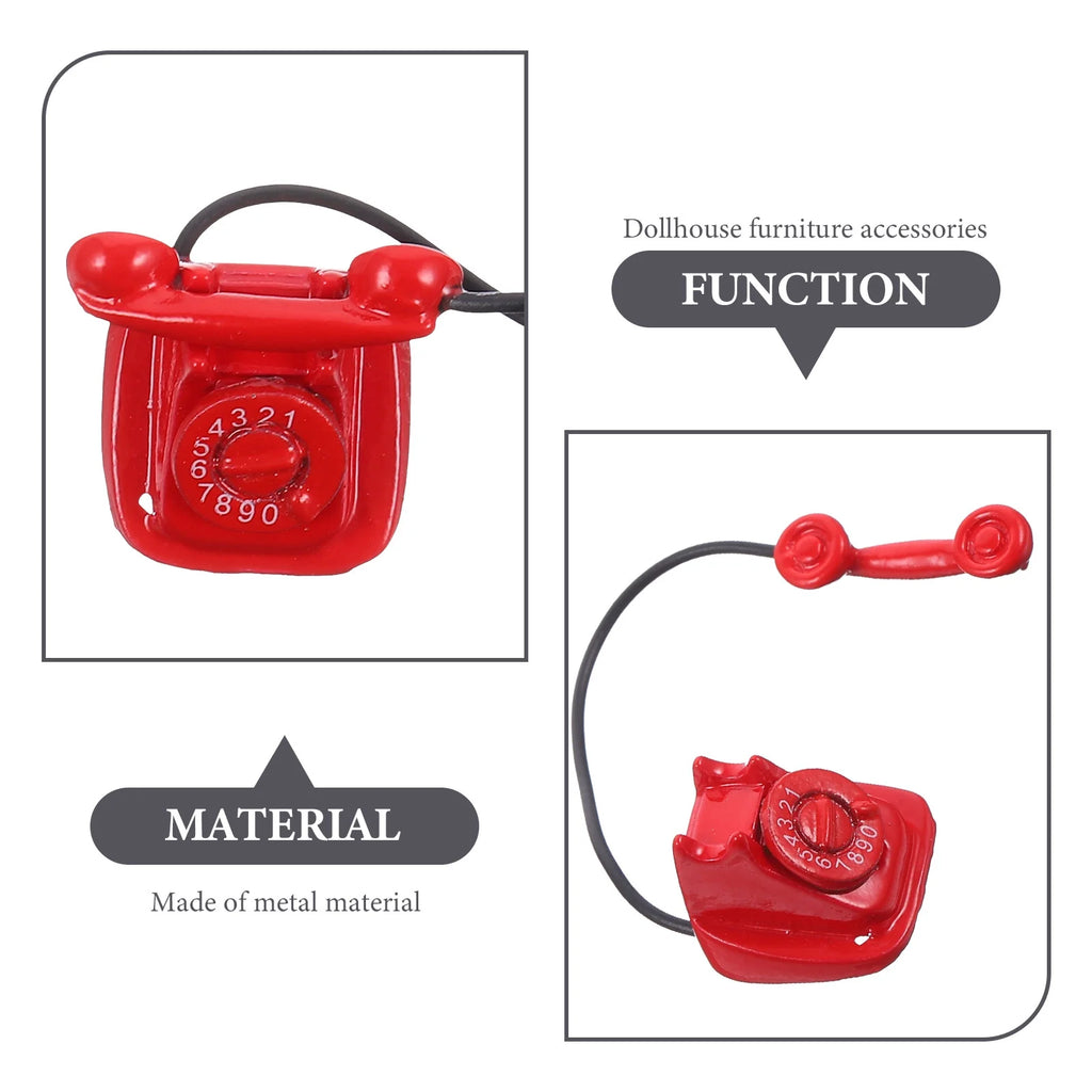 Red Metal Toy Telephone Doll House Decoration X4531
