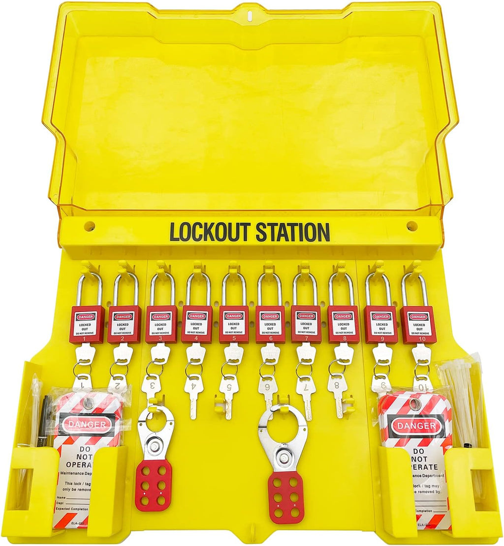 14 Key Padlocks with Numbers, 4 Lockout Hasps, 40 Lockout Tags, 20 Nylon Cable Lockout Tagout Station T32773