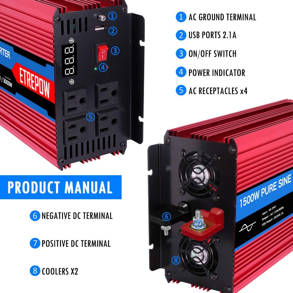 1000 Watt Pure Sine Wave Power Inverter 12V DC to 110V AC Wireless Remote Control R138
