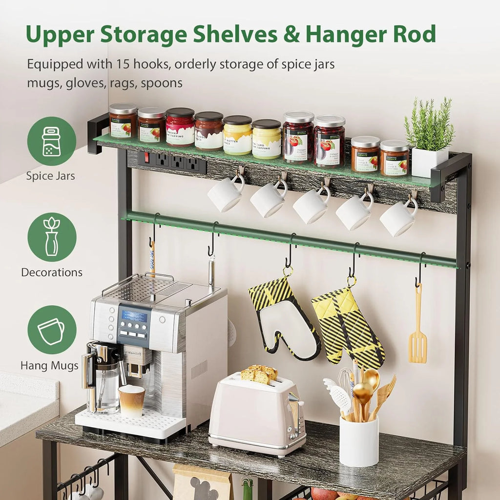 Large Bakers Rack with Power Outlets, 15 Hooks, 3 Wire Basket, Microwave Stand Kitchen Storage Shelf, 38.8 x 16.3 x 62.2 Inches, Rustic Brown F5378
