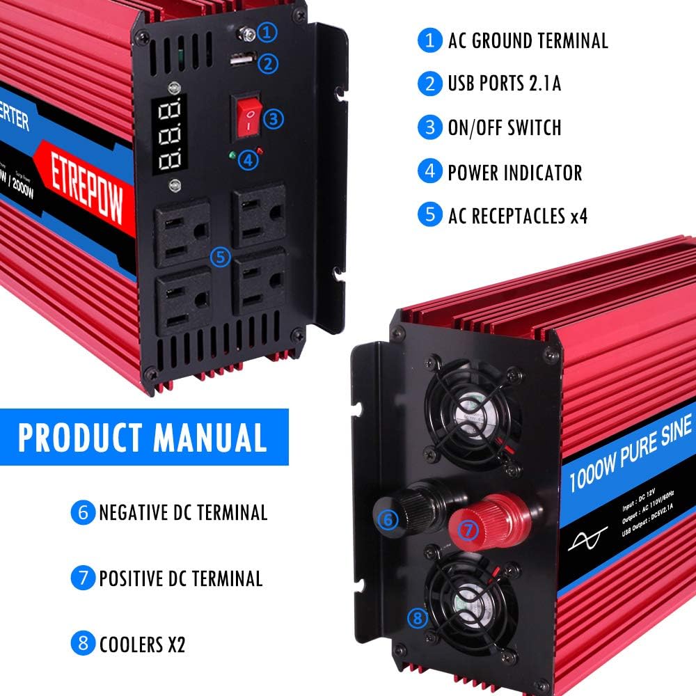 1000 Watt Pure Sine Wave Power Inverter 12V DC to 110V AC Wireless Remote Control R138