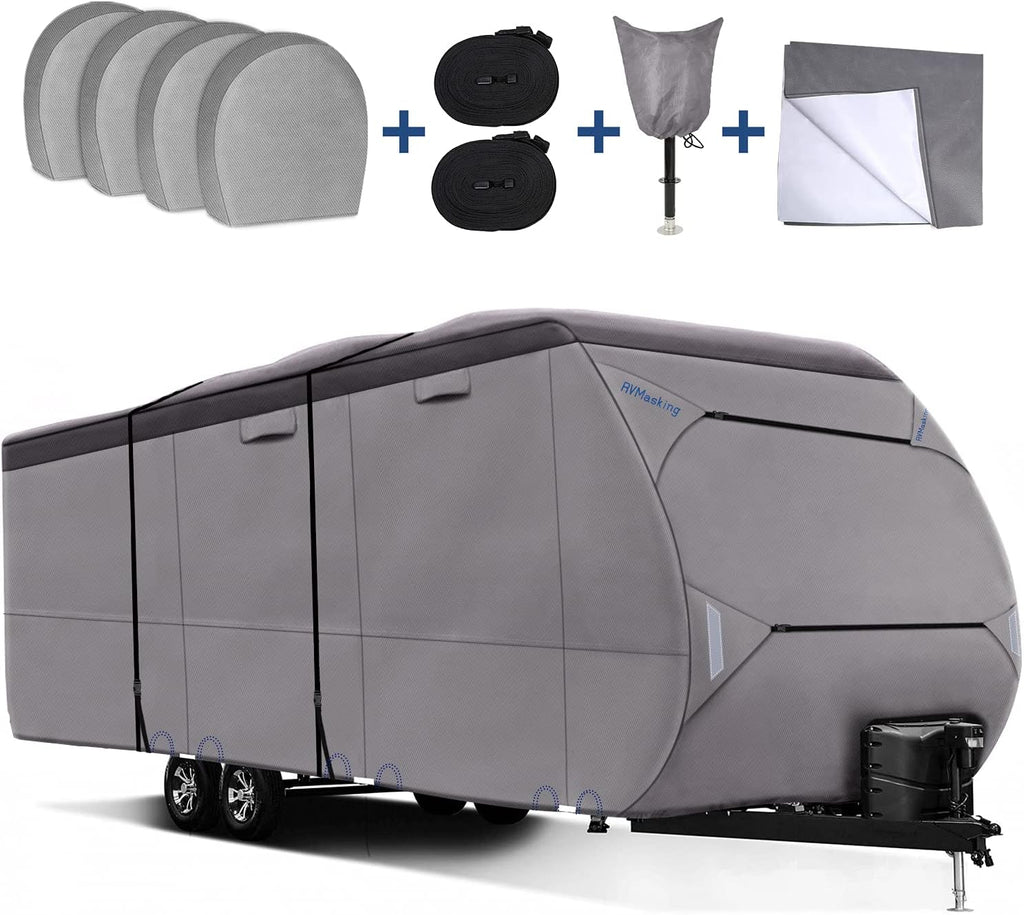 Waterproof 500D Travel Trailer Cover with 4 Tire Covers, Tongue Jack Cover M647