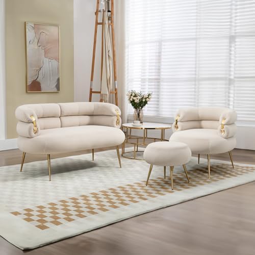 Beige Velvet Accent Chair with Ottoman M100859