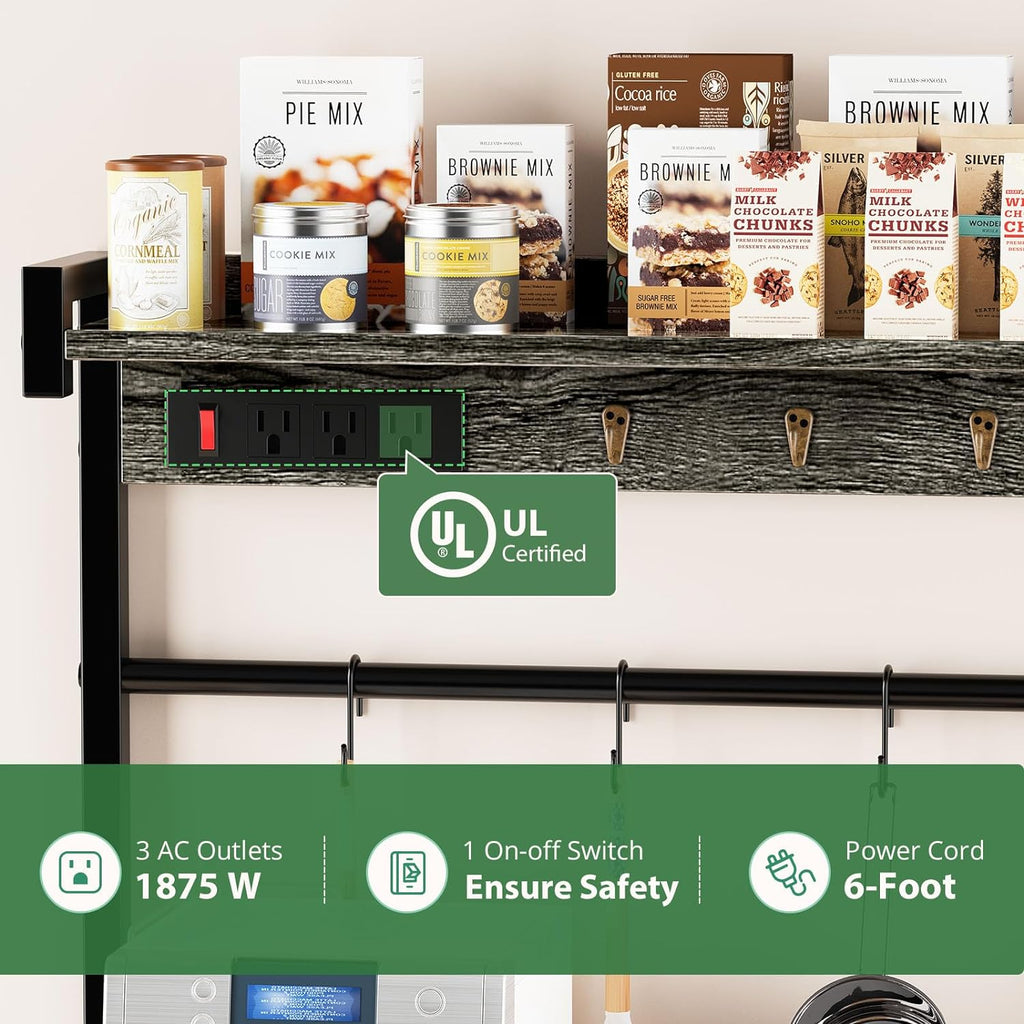 Large Bakers Rack with Power Outlets, 15 Hooks, 3 Wire Basket, Microwave Stand Kitchen Storage Shelf, 38.8 x 16.3 x 62.2 Inches, Rustic Brown F5378