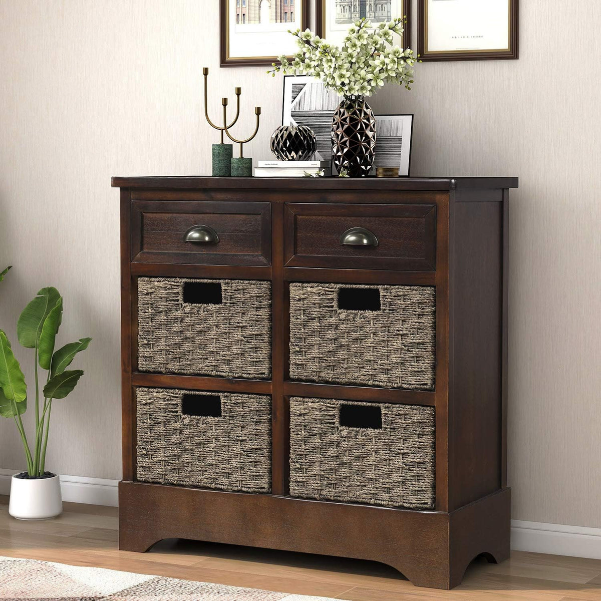 Wicker Storage Cabinet Console Table with Two Drawers and Four Wicker Baskets (Espresso) B1692