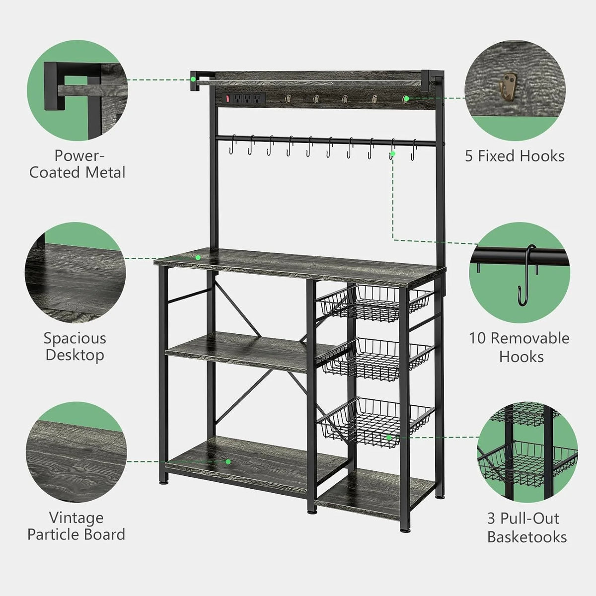 Large Bakers Rack with Power Outlets, 15 Hooks, 3 Wire Basket, Microwave Stand Kitchen Storage Shelf, 38.8 x 16.3 x 62.2 Inches, Rustic Brown F5378