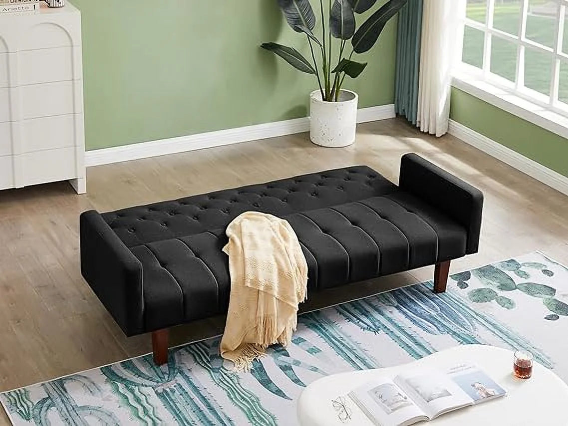 Convertible Foldable Linen Sofa Bed with 5 Wooden Legs, Black P696