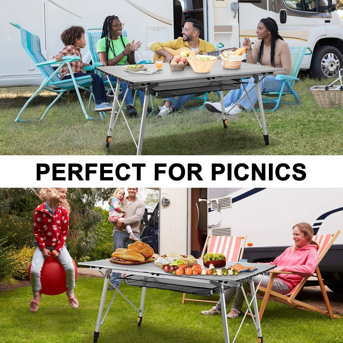 Folding Camping Table with Aluminum Legs Adjustable Height Roll Up Table with Mesh Layer U126