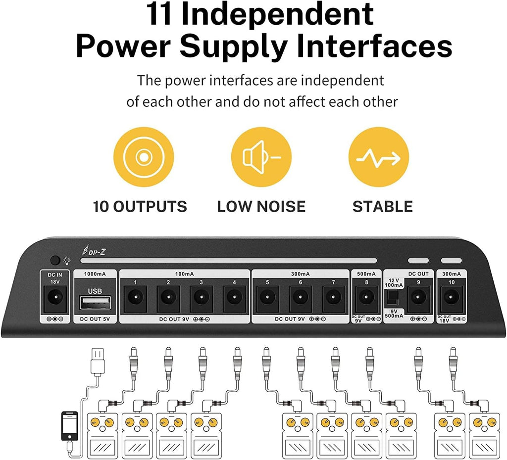 9V Guitar Pedal Power Supply 11 Isolated DC Output with USB Port, Pack of 2 K793