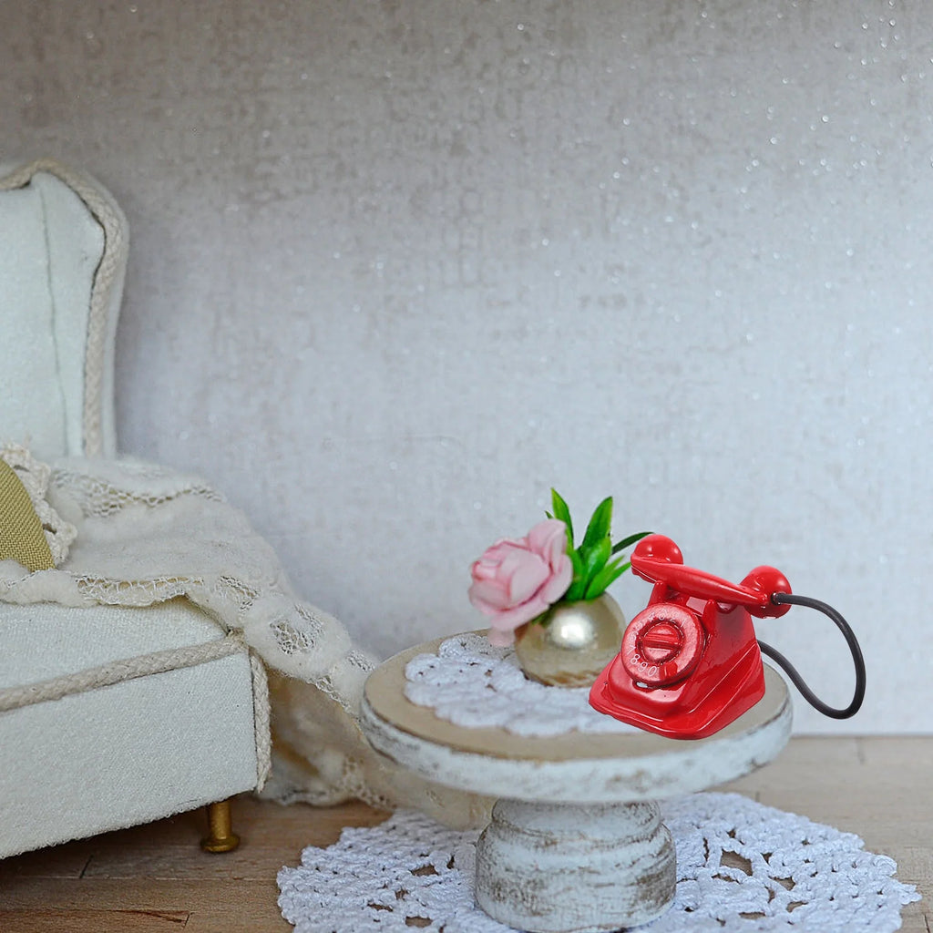 Red Metal Toy Telephone Doll House Decoration X4531