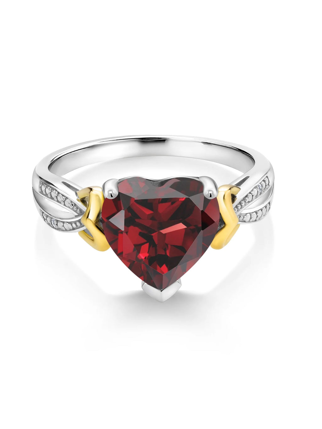 925 Sterling Silver 10K Yellow Gold Red Garnet Diamond Heart Shape Ring M8679