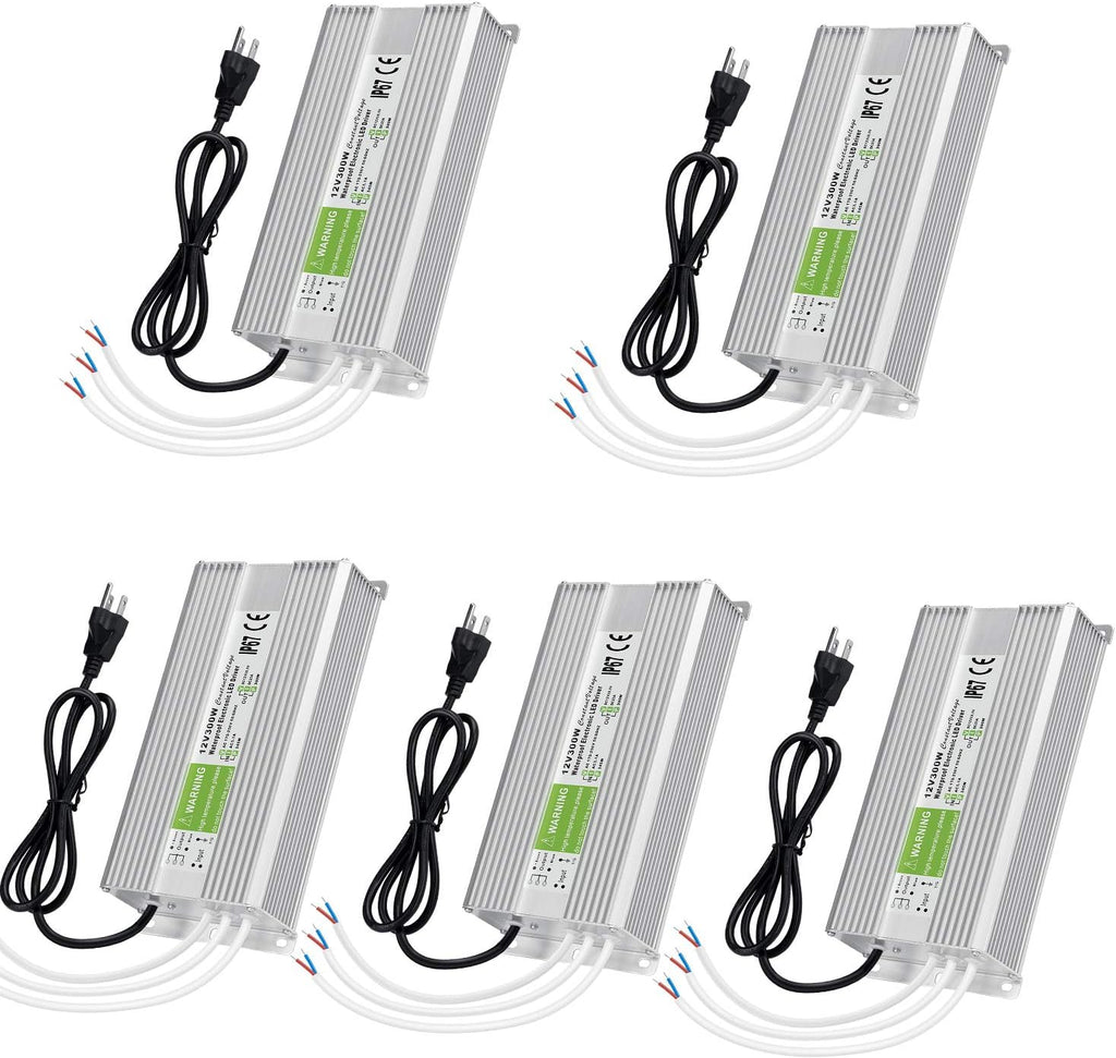 5 Pack Waterproof IP67 LED Power Supply Driver Transformer 300W 110V AC to 12V DC Low Voltage Output with 3-Prong Plug 3.3 Feet Cable Y147922