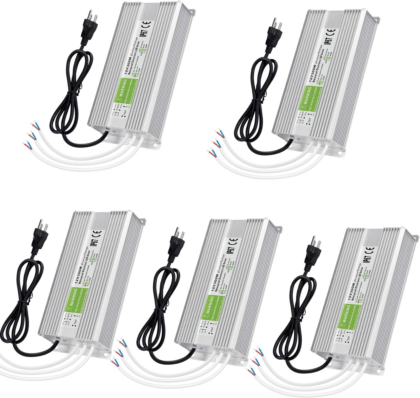 5 Pack Waterproof IP67 LED Power Supply Driver Transformer 300W 110V AC to 12V DC Low Voltage Output with 3-Prong Plug 3.3 Feet Cable Y147922