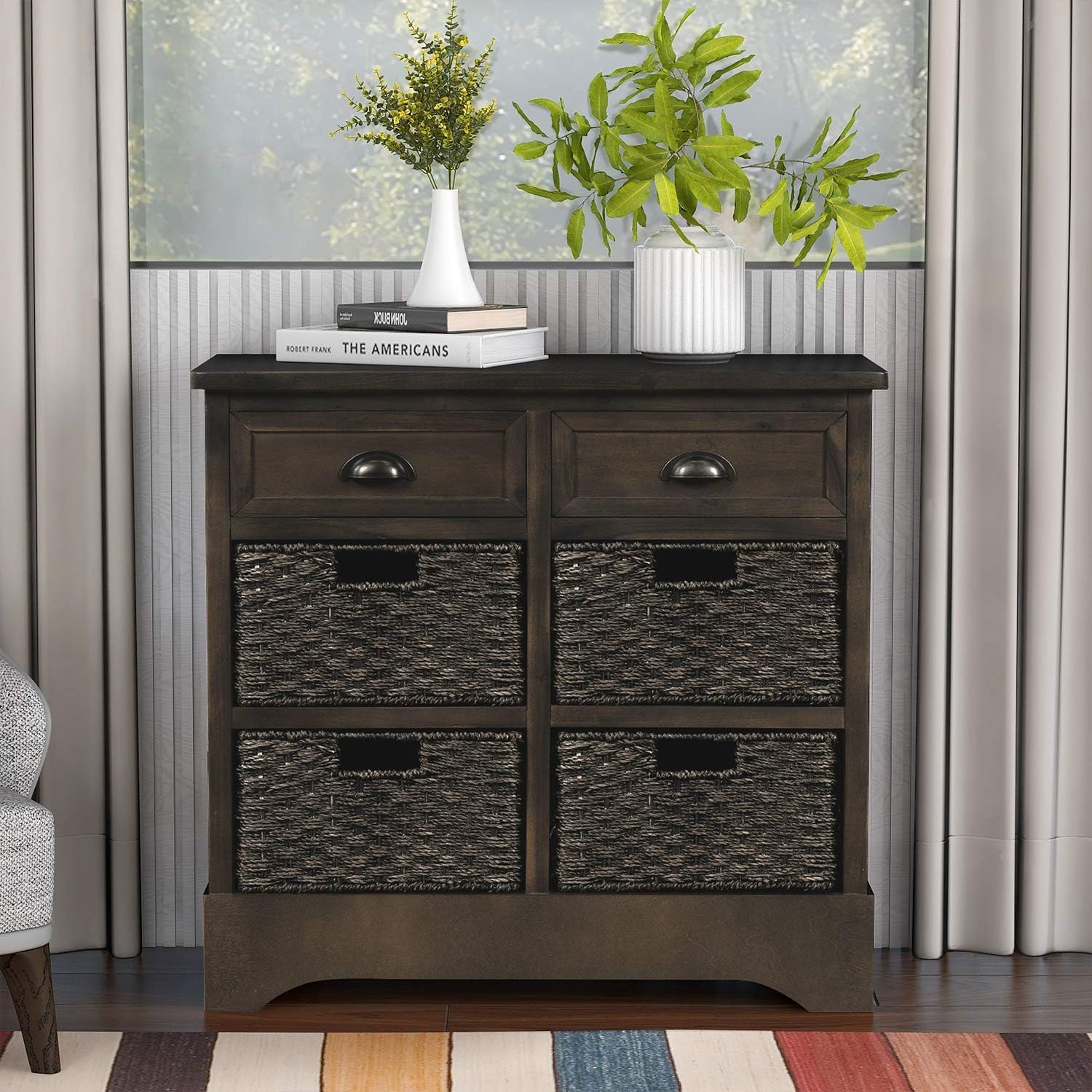 Wicker Storage Cabinet Console Table with Two Drawers and Four Wicker Baskets (Espresso) B1692