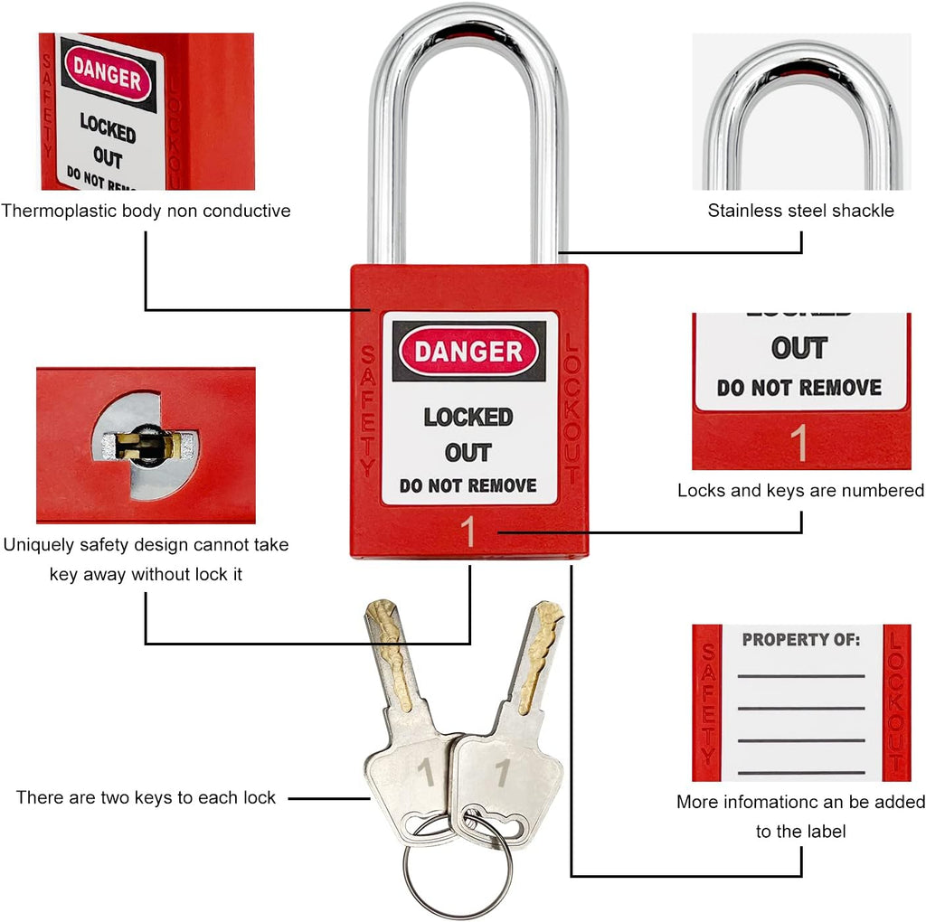 14 Key Padlocks with Numbers, 4 Lockout Hasps, 40 Lockout Tags, 20 Nylon Cable Lockout Tagout Station T32773