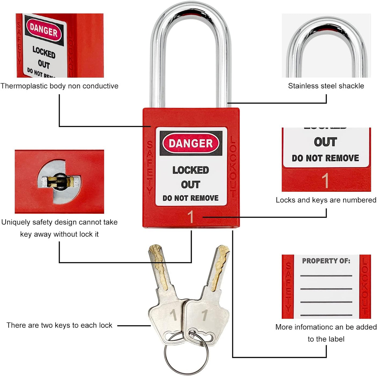 14 Key Padlocks with Numbers, 4 Lockout Hasps, 40 Lockout Tags, 20 Nylon Cable Lockout Tagout Station T32773