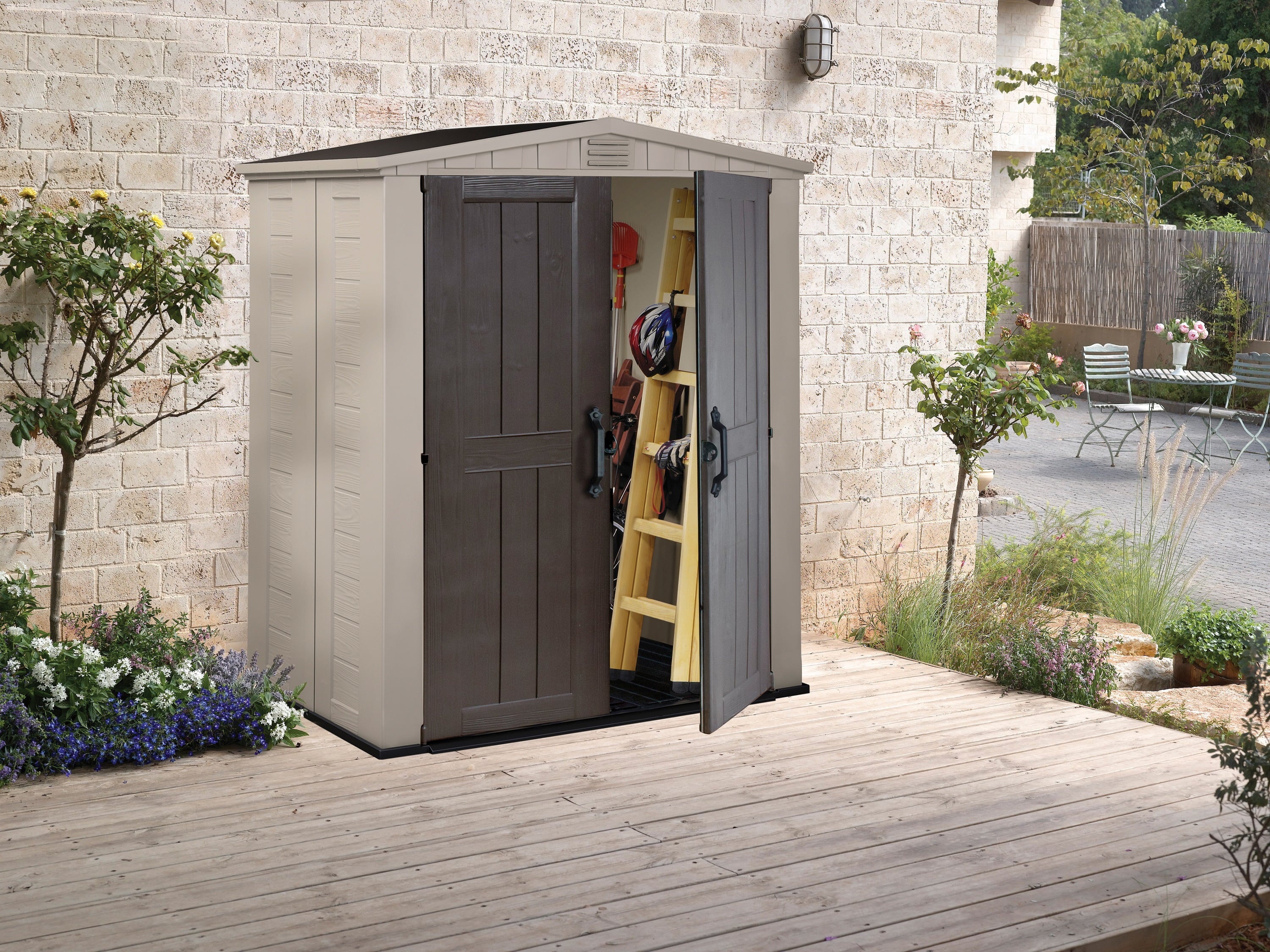 Beige and Taupe Outdoor Resin Shed L3366