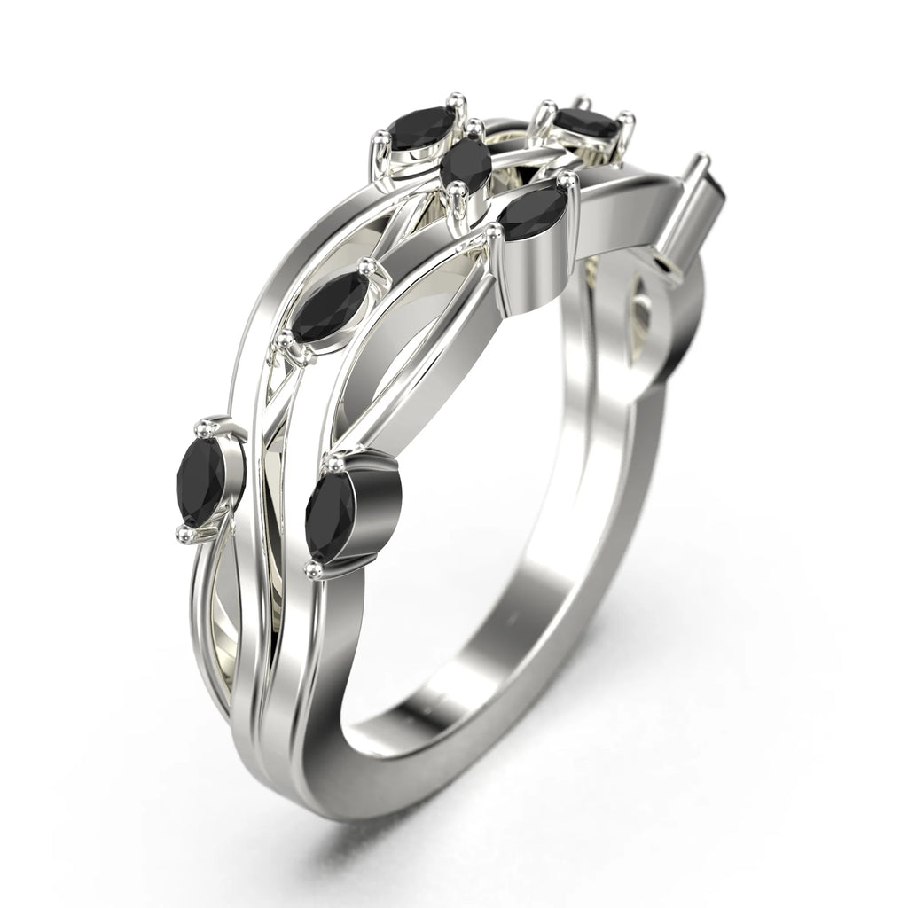 Marquise Black Diamond Moissanite Wedding Ring 18K White Gold Over Silver H800