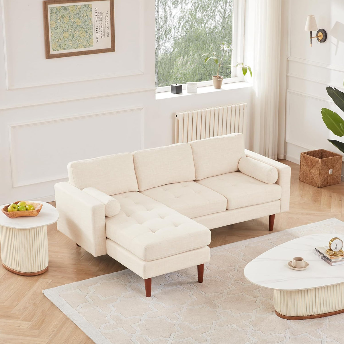 Beige Linen L Shaped Sectional Sofa with Reversible Chaise Y438