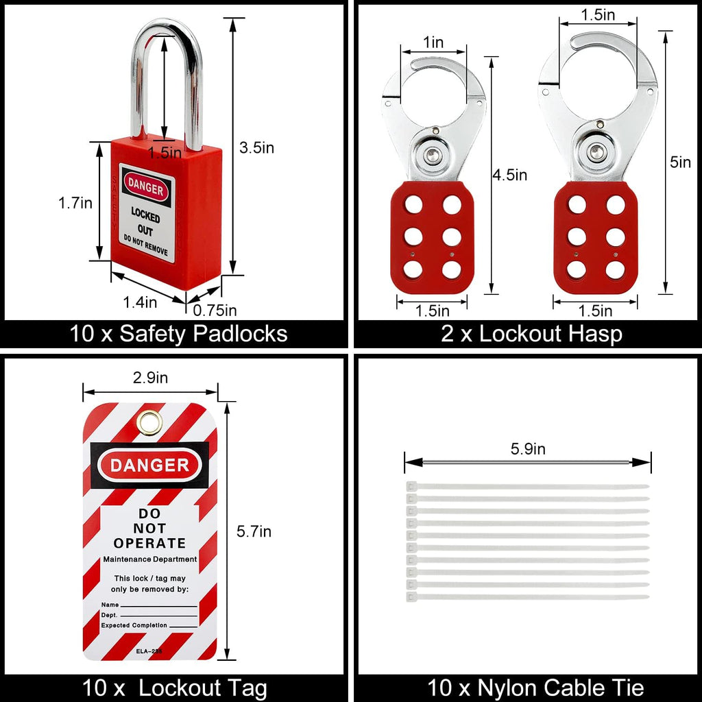 14 Key Padlocks with Numbers, 4 Lockout Hasps, 40 Lockout Tags, 20 Nylon Cable Lockout Tagout Station T32773