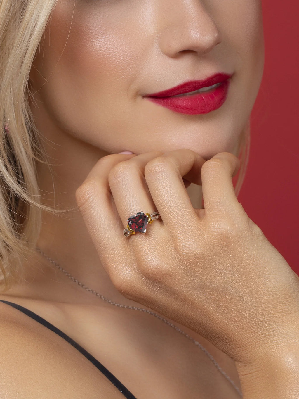 925 Sterling Silver 10K Yellow Gold Red Garnet Diamond Heart Shape Ring M8679