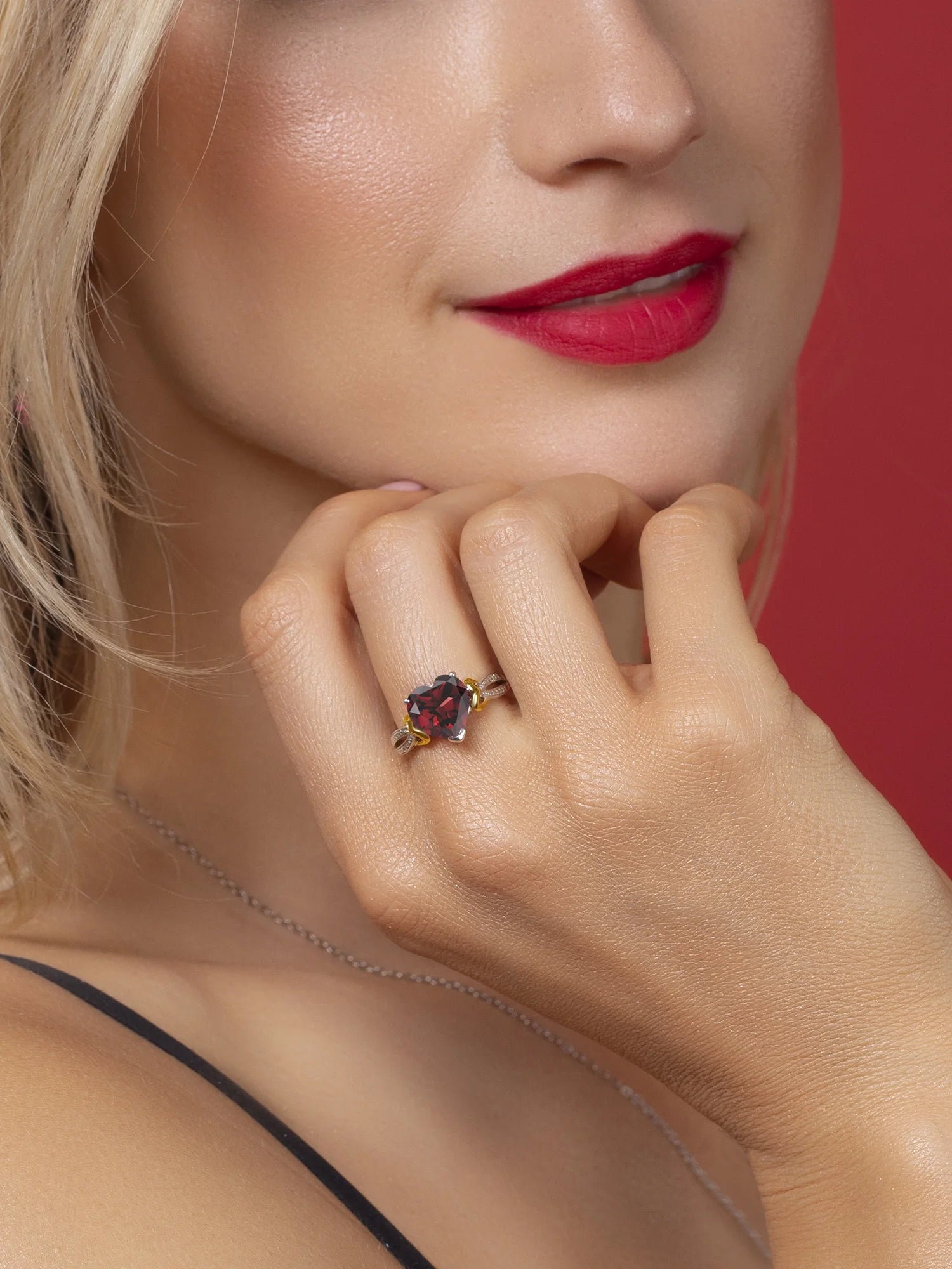 925 Sterling Silver 10K Yellow Gold Red Garnet Diamond Heart Shape Ring M8679
