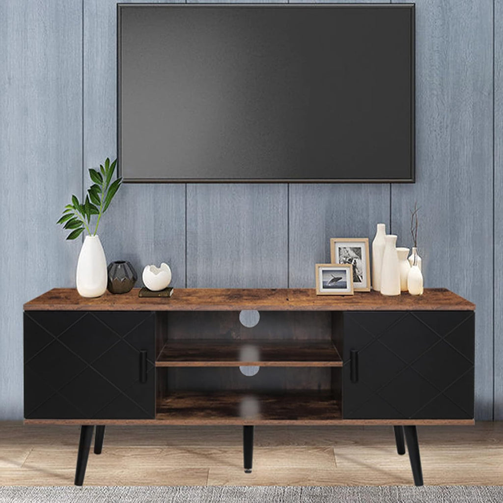 Retro TV Stand with 2 Cabinet & 2 Shelves, Dark Walnut G152405