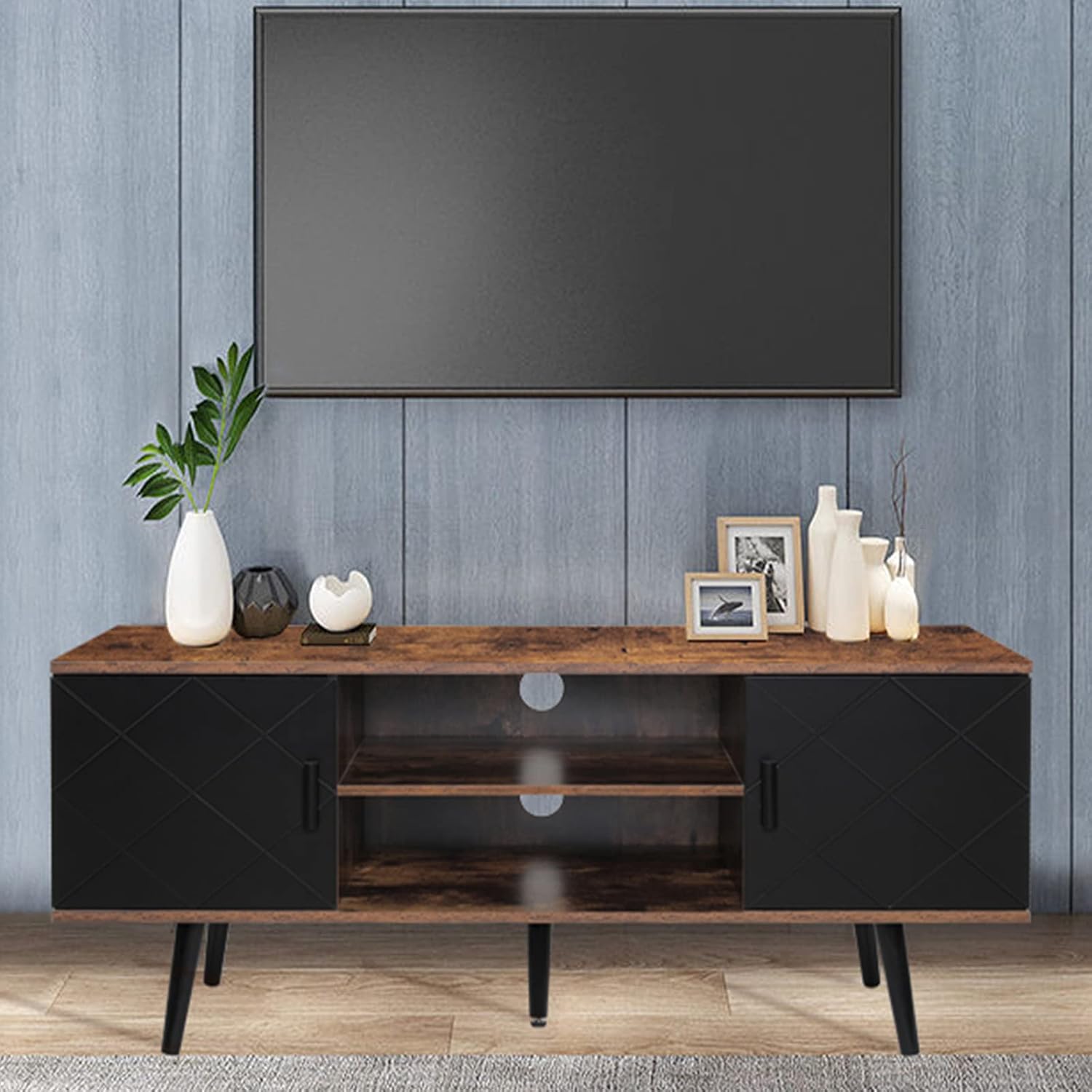 Retro TV Stand with 2 Cabinet & 2 Shelves, Dark Walnut G152405