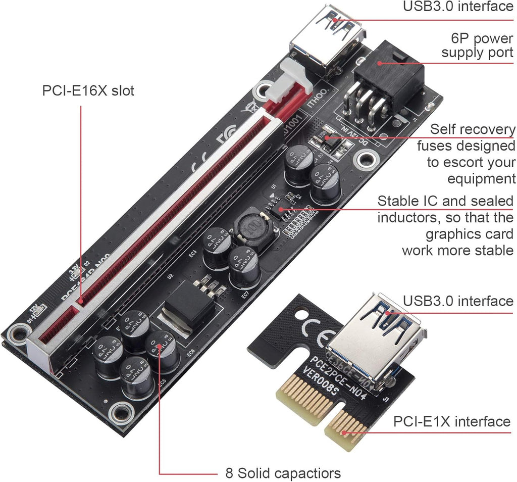 PCI-E 1X to 16X Riser Card with 24in USB 3.0 Extension Cable & 6PIN SATA Power Cable (Black-6 Pieces) F15983