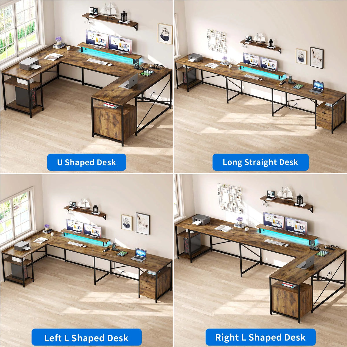L Shaped Desk with Power Outlets and LED Lights G42064