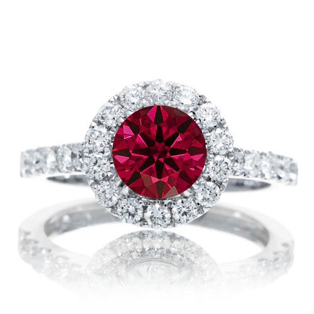 1.75 Carat 6mm Round Cut Ruby And Moissanite Engagement Ring on 10k White Gold F9675
