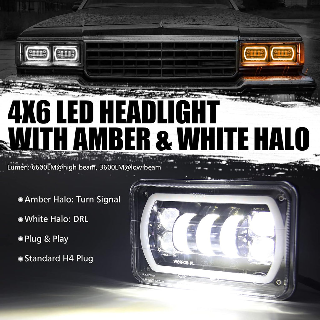 4x6 LED Headlight Halo with White DRL Amber Turn Signal Lights, Pack of 2 N25216